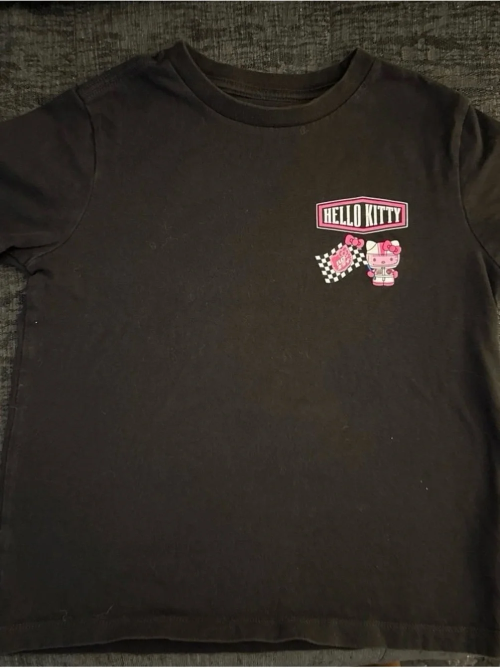 Old Navy Black Tee with Pink Hello Kitty Racing Graphic